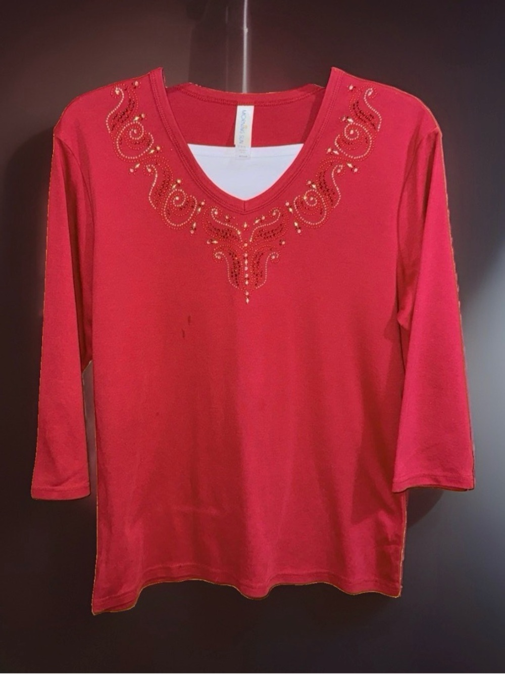 Morning Sun Women's Red V-Neck Long Sleeve Embellished Tee-M-EC